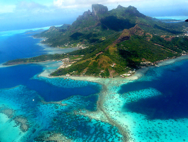 Les récifs coralliens, visibles ici dans le lagon de l'île volcanique de Bora-Bora, en Polynésie française, sont composés de nombreuses espèces de coraux qui forment des écosystèmes marins complexes et parmi les plus riches en biodiversité. Importants puits de carbone, ils stockent du CO2 atmosphérique et diminuent ainsi le réchauffement climatique... tant qu'ils arrivent à lui survivre. © Samuel Etienne, Wikimedia Commons, CC by-sa 3.0